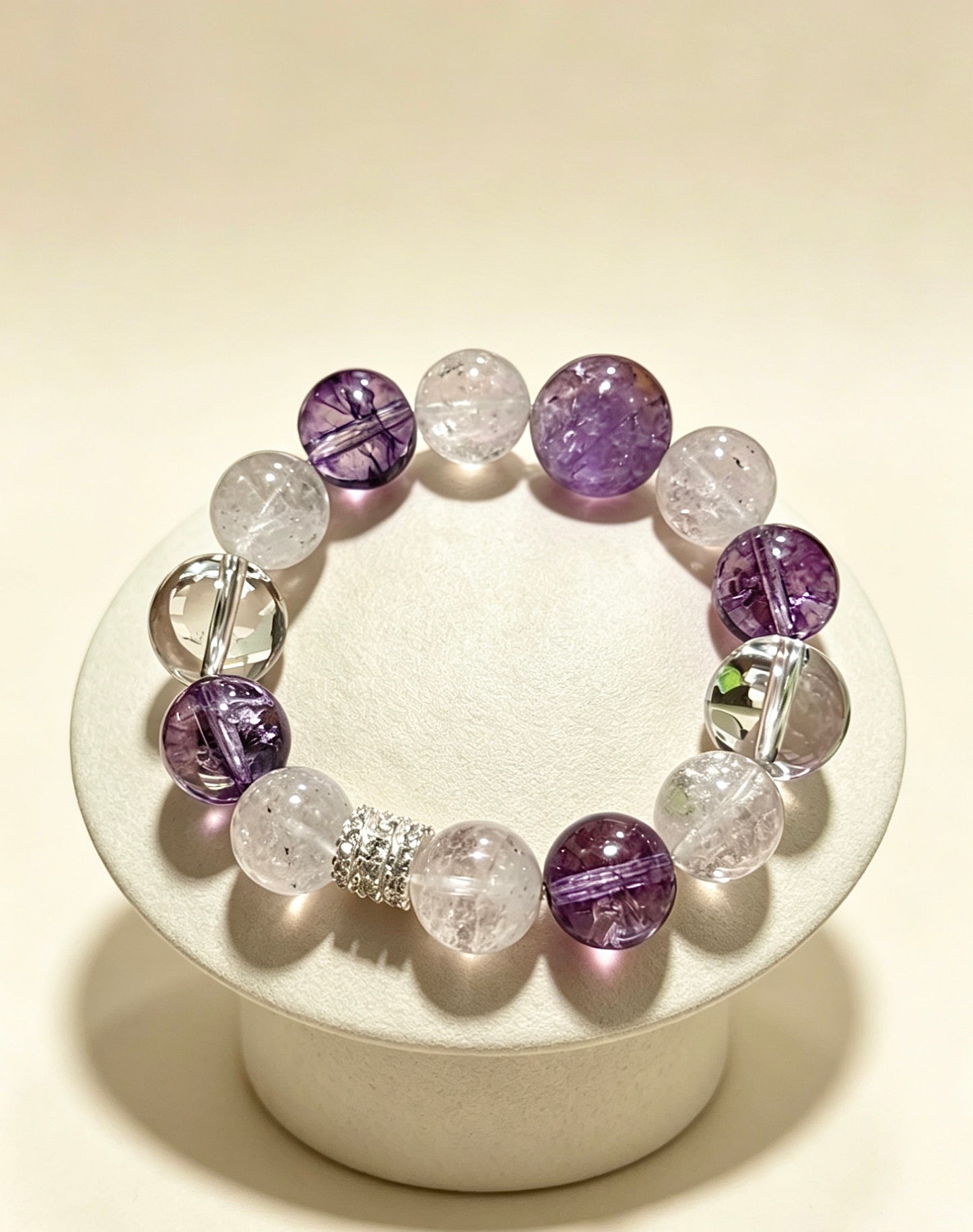 Amoria Purple Aze White Crystal Energy Bracelet 10mm–12mm | Purifies Energy Fields · Enhances Spiritual Awareness · Boosts Good Fortune and Protective Energy