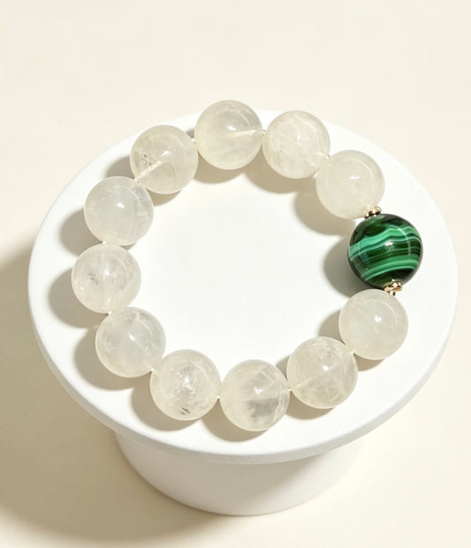 Amoria Milky White Crystal Malachite Energy Bracelet 12mm | Break Through Stagnant Energy · Unlock Opportunities for Transformation · Activate a Field of Positive Change in Your Life